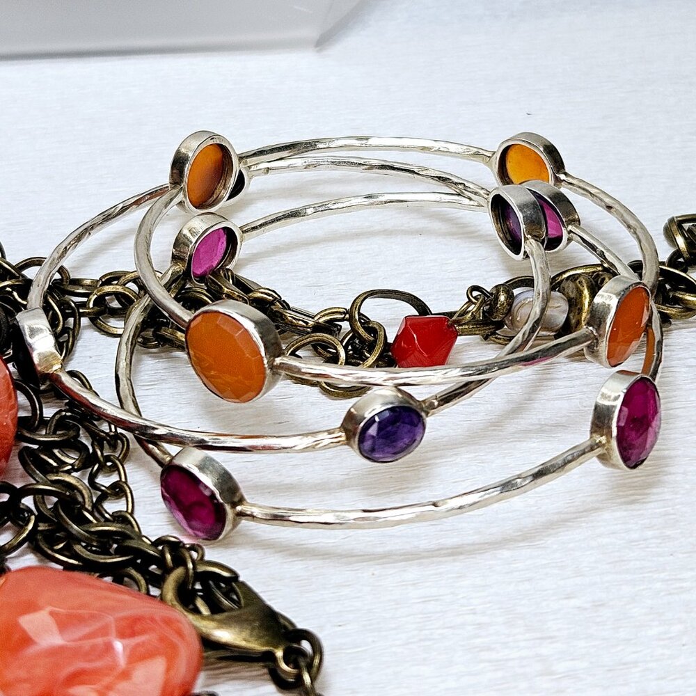 2 Chico’s Chunky Beaded Long Statement Necklaces 3 Stone Bangle Bracelets - Picture 6 of 7
